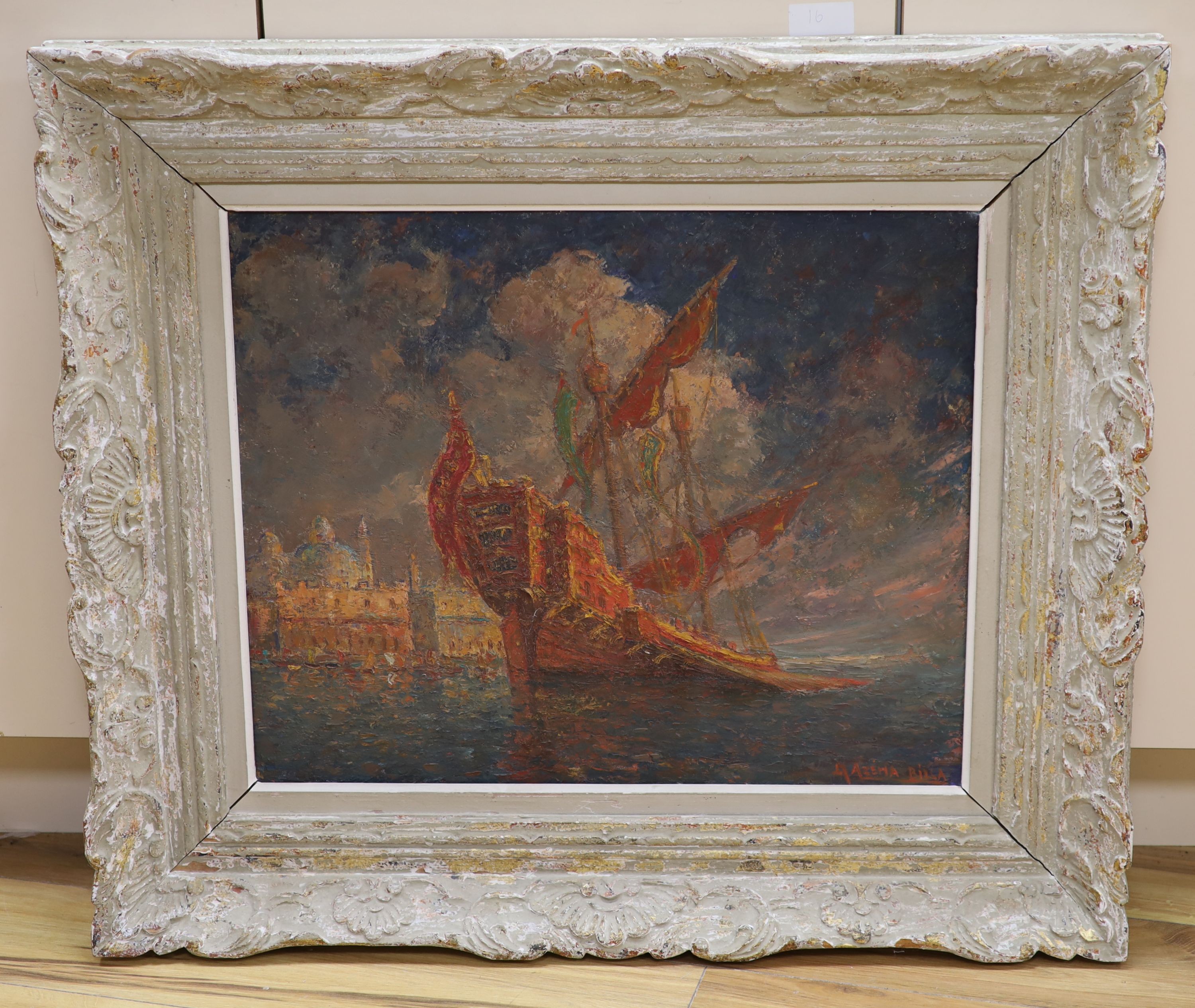 Marcel Azema-Billa (1904-1999). French. A Venetian galleon, oil on canvas, signed and inscribed on a label verso, 19.75